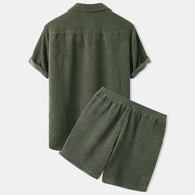 Summer fashion women's set featuring a relaxed fit button-up shirt and matching drawstring shorts.