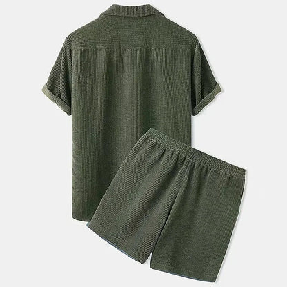 Summer fashion women's set featuring a relaxed fit button-up shirt and matching drawstring shorts.