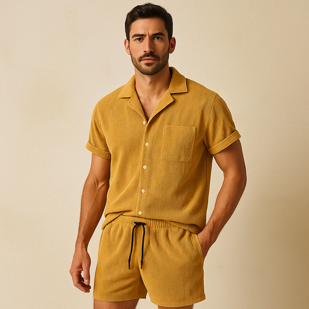 Effortless women's casual wear: relaxed fit shorts set with a button-up top for summer outings.