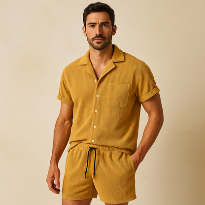 Effortless women's casual wear: relaxed fit shorts set with a button-up top for summer outings.