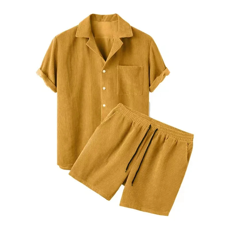 Women's relaxed fit cabana set, a perfect two-piece summer outfit with button-up shirt & drawstring shorts.