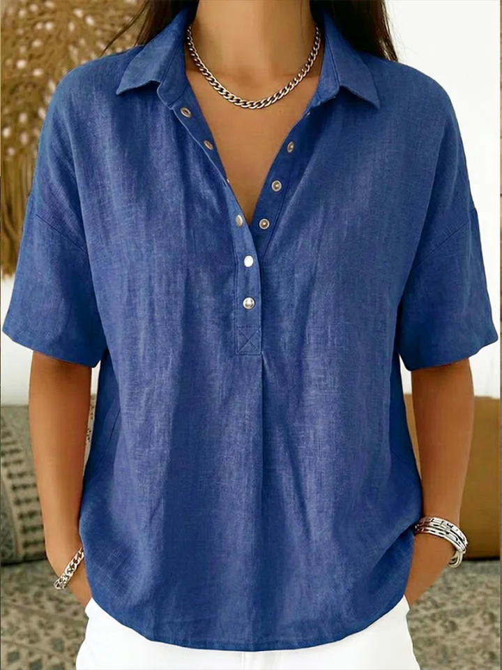 Stylish women's relaxed fit button-down collar top, ideal for versatile everyday casual wear.