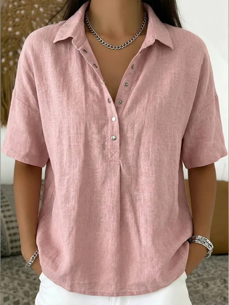 Versatile women's button detail relaxed fit shirt, great for summer fashion and easy styling.