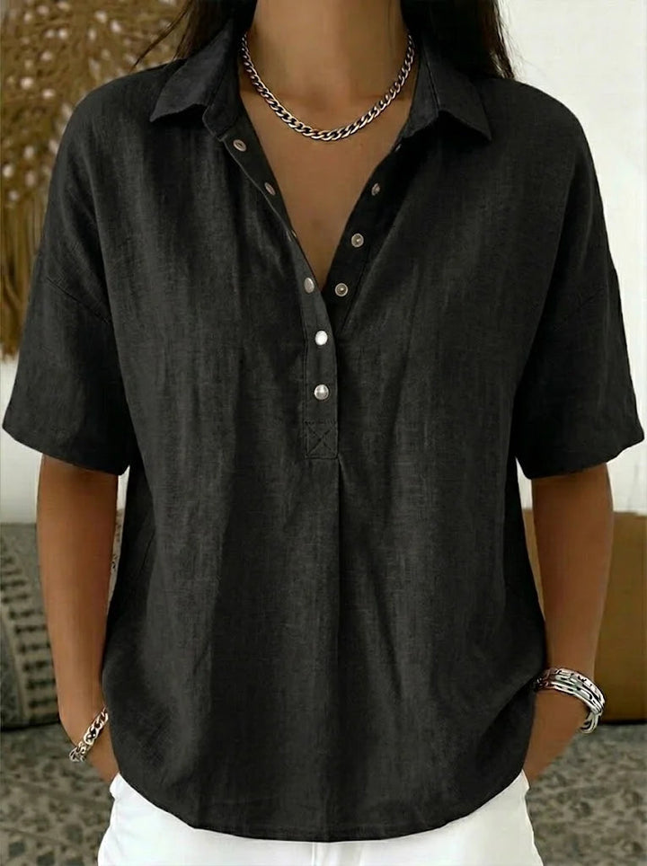 Comfortable women's relaxed fit short sleeve collar top, perfect for casual spring outfits.