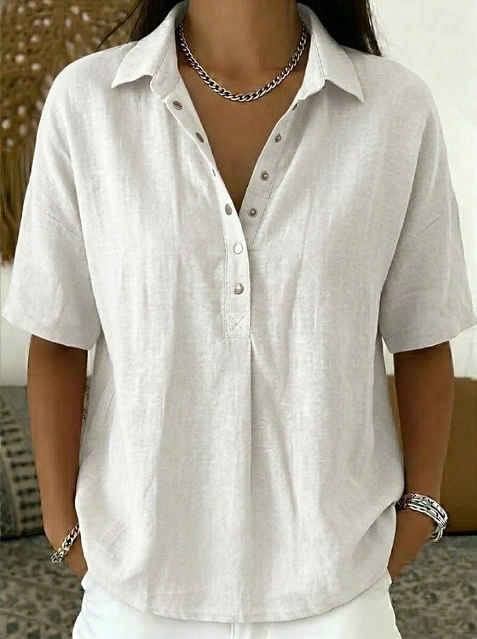 Trendy women's relaxed fit button detail collar shirt, designed for versatile summer and everyday wear.