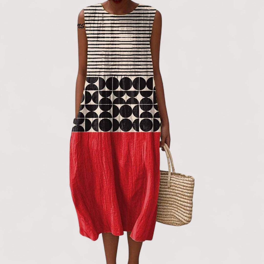 Women's relaxed fit color block midi dress, comfortable & stylish for casual summer and everyday wear.