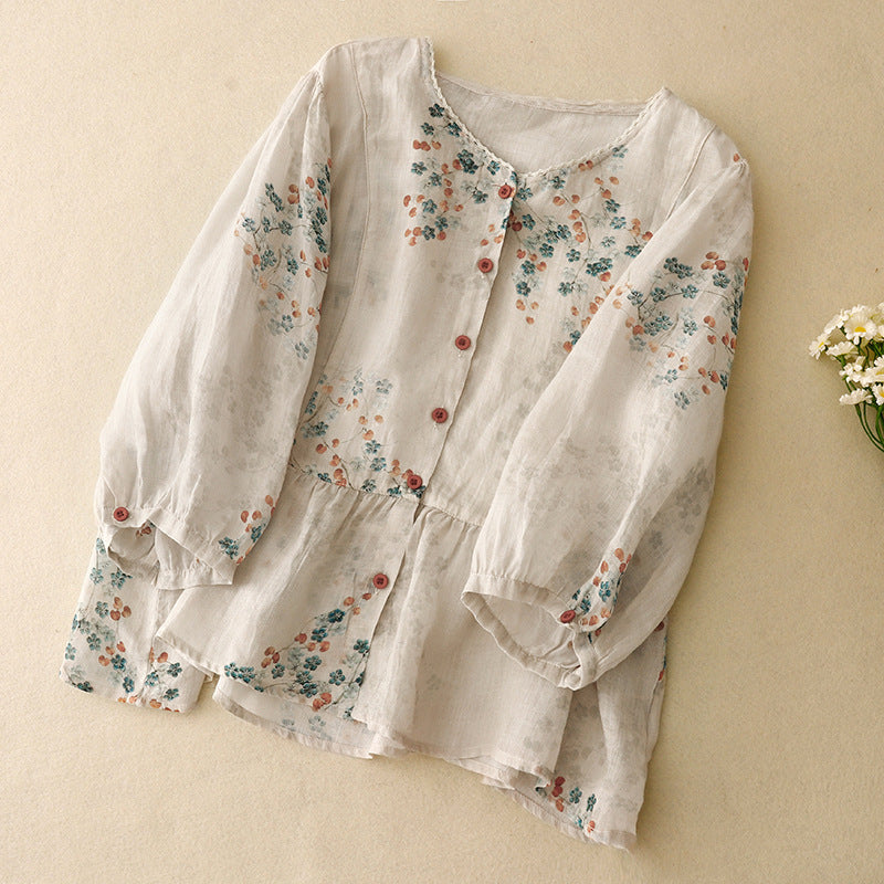 Comfortable women's floral printed blouse, a relaxed long-sleeve top for effortless feminine style.