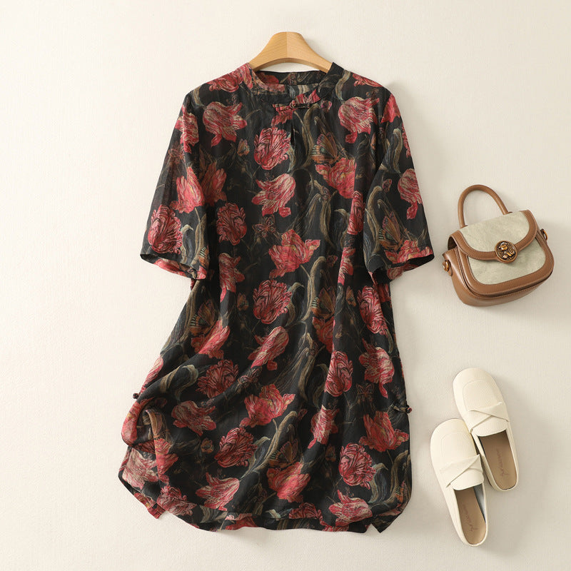 Women's relaxed fit floral midi dress, perfect for spring & summer casual wear. Elegant button-front design.