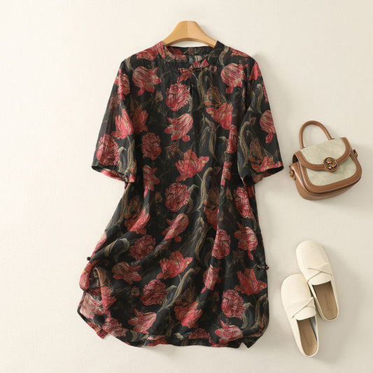Women's relaxed fit floral midi dress, perfect for spring & summer casual wear. Elegant button-front design.
