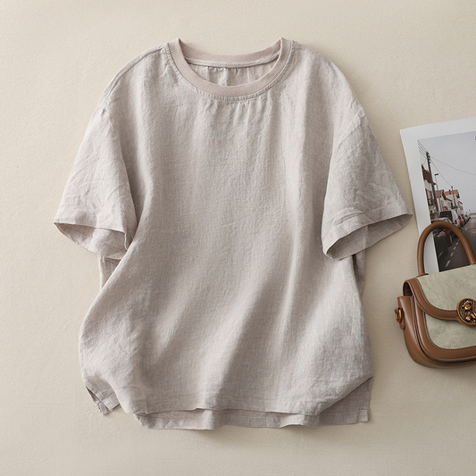 Women's relaxed fit linen blend tee, lightweight & breathable for summer comfort.