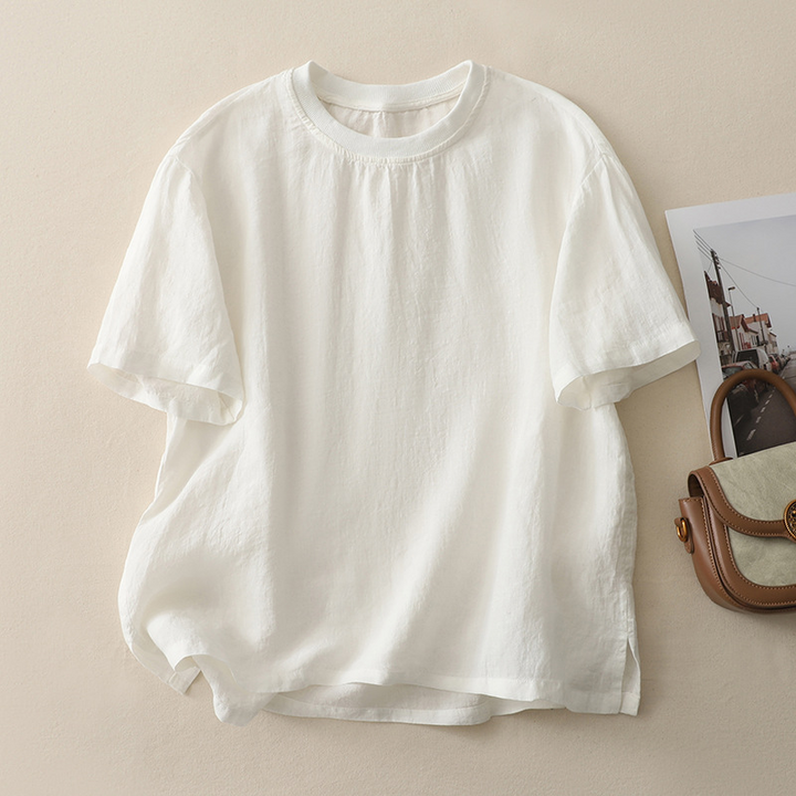 Casual women's linen-cotton blend tee with a relaxed fit, perfect lightweight summer top.