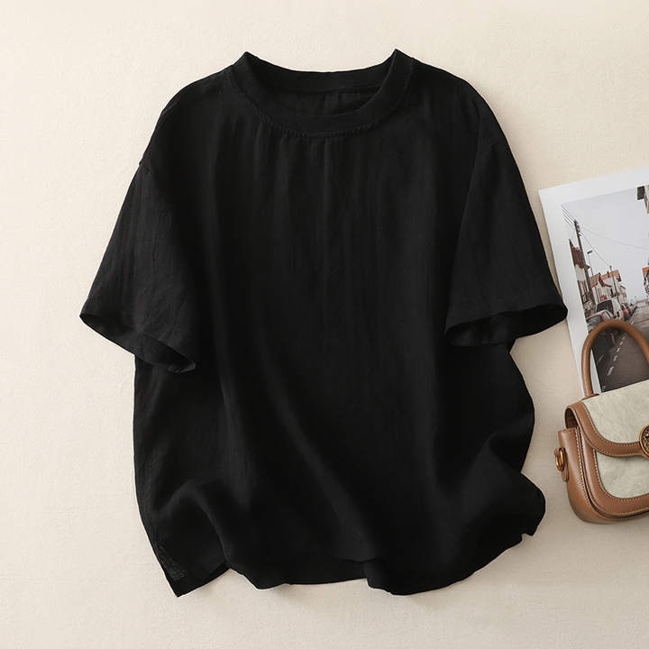 Breathable linen blend tee for women, offering lightweight comfort & a relaxed fit, ideal for summer.