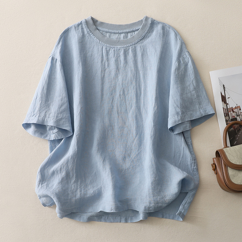 Women's casual linen blend tee, relaxed fit & lightweight for everyday summer wear.
