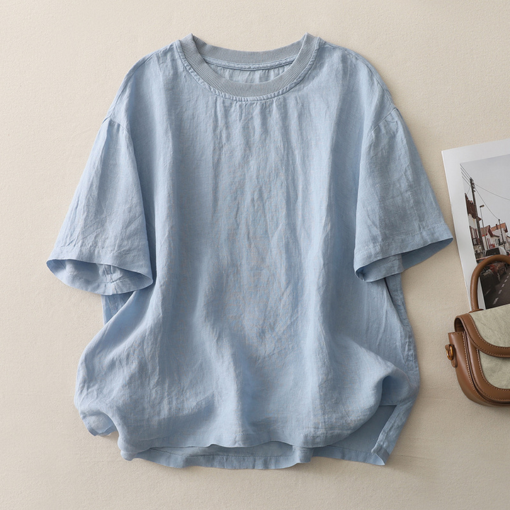 Women's casual linen blend tee, relaxed fit & lightweight for everyday summer wear.