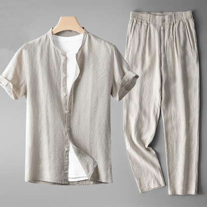 Women's relaxed fit linen blend top and pant set in a soft, breathable fabric. Perfect for casual summer wear.