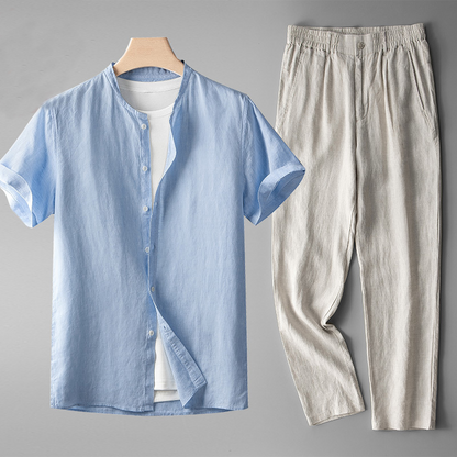 Stylish women's linen blend two-piece outfit with a relaxed top & matching pants. Ideal for spring & summer fashion.