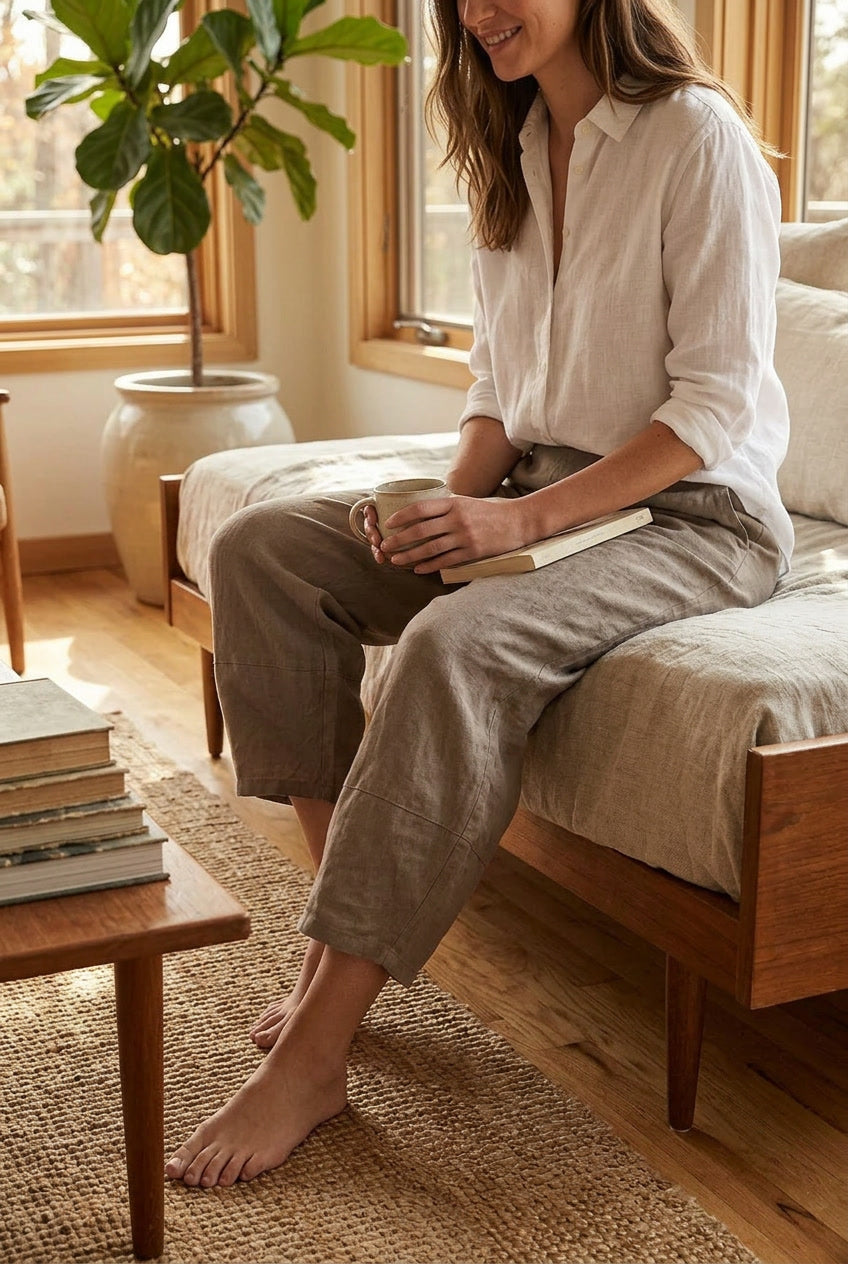 Flowy women's linen summer pants with relaxed fit, perfect for casual, versatile everyday wear.