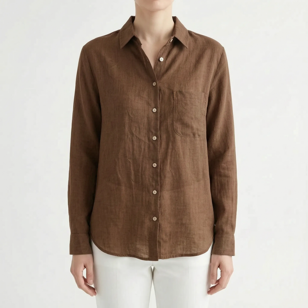 Women's relaxed fit long sleeve button-up shirt. A versatile, classic style casual top for everyday and layering.
