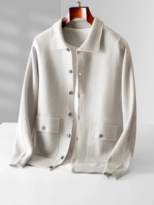 Women's relaxed fit long sleeve polo cardigan. Comfortable, stylish layering piece for casual fashion.