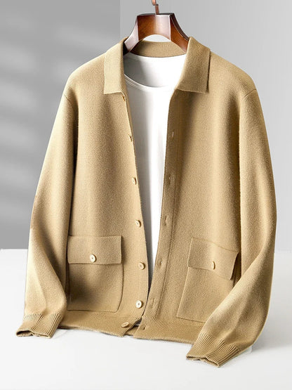Cozy women's relaxed fit cardigan with a polo collar. Ideal for comfortable, casual everyday wear and layering.