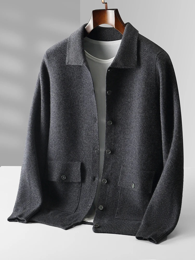 Women's relaxed fit long sleeve cardigan featuring a classic polo collar. Comfortable and stylish for versatile fashion.