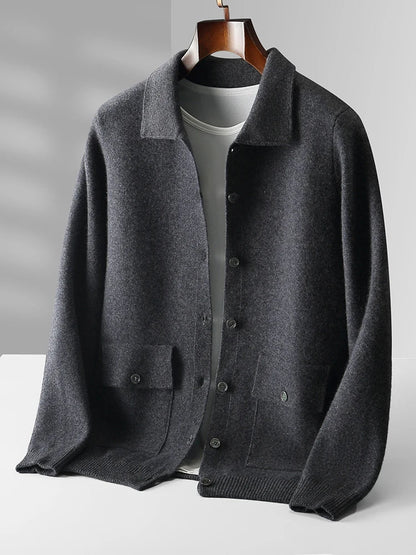 Women's relaxed fit long sleeve cardigan featuring a classic polo collar. Comfortable and stylish for versatile fashion.