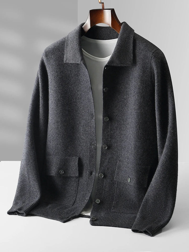 Women's relaxed fit long sleeve cardigan featuring a classic polo collar. Comfortable and stylish for versatile fashion.