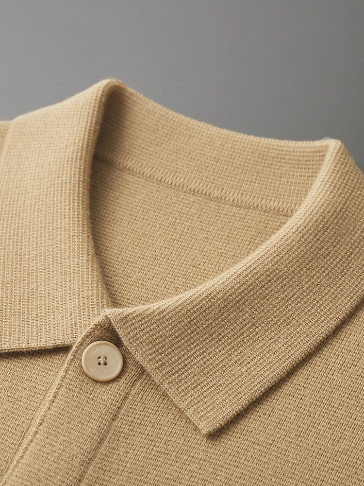 Stylish women's relaxed fit polo cardigan for easy layering. A comfortable long sleeve top for versatile casual fashion.