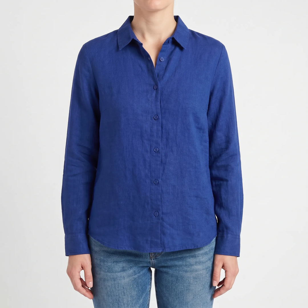 Casual women's relaxed fit long sleeve collared blouse, solid color, perfect for summer.