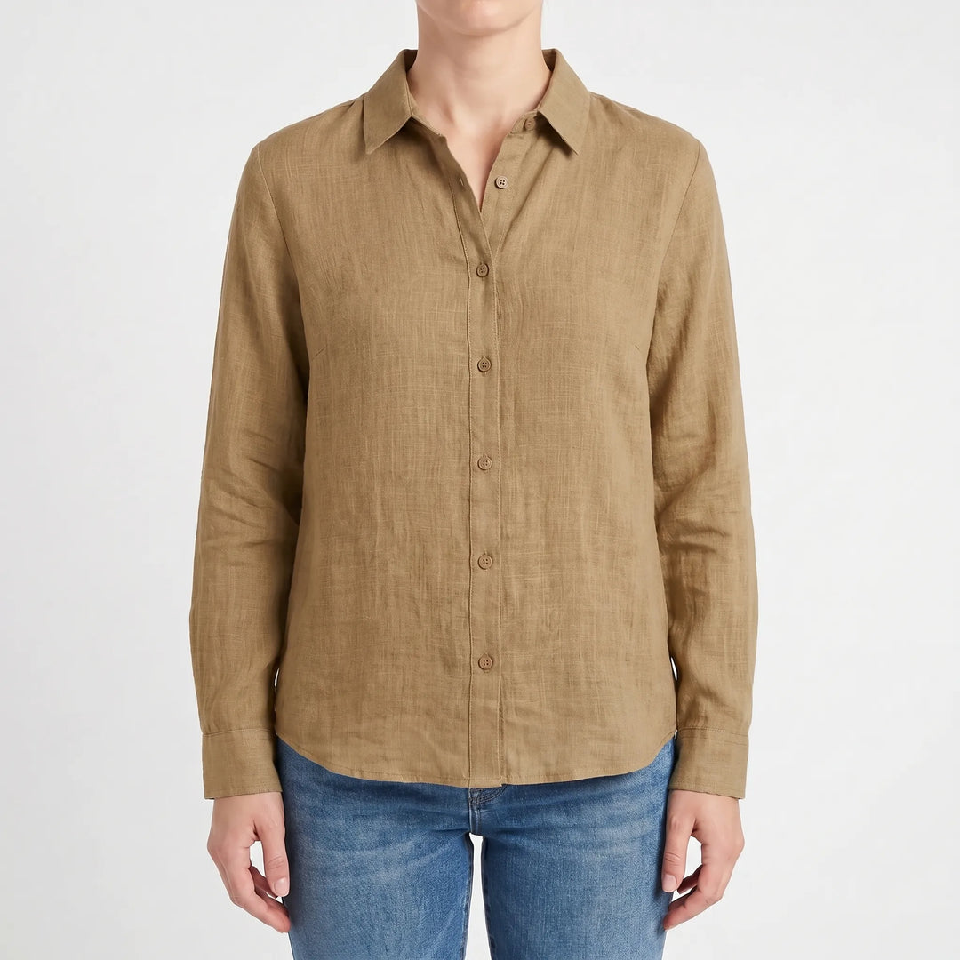 Versatile women's solid color long sleeve summer blouse, featuring a comfortable relaxed fit.