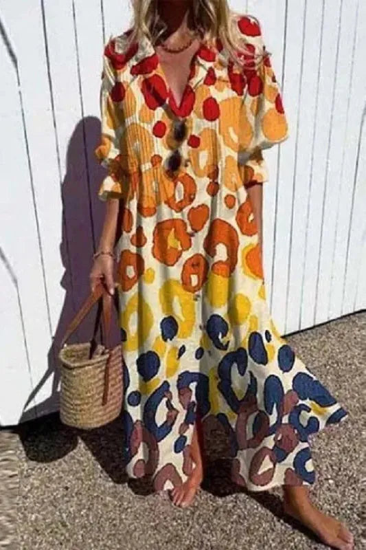 Flowy women's spring maxi dress. Comfortable, relaxed fit for elegant casual wear on sunny days and evenings.