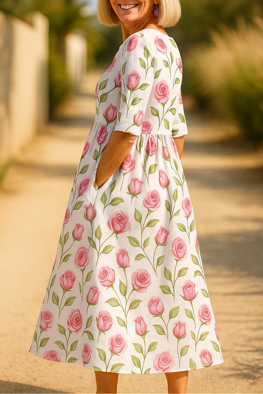Effortless flowy midi dress for women, featuring 3/4 sleeves. Ideal for spring and summer casual elegant style.