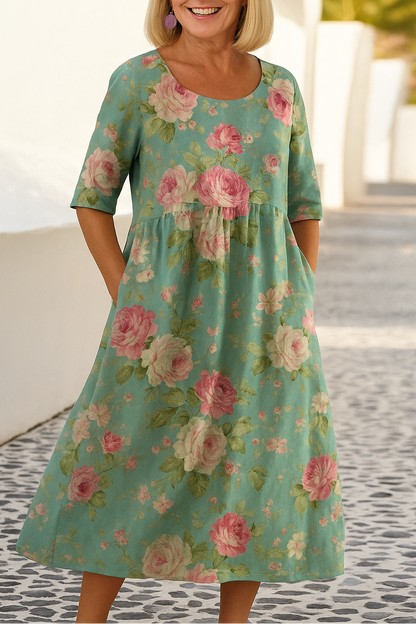 Spring fashion women's midi dress, comfortable with 3/4 sleeves and a relaxed, flowy silhouette.