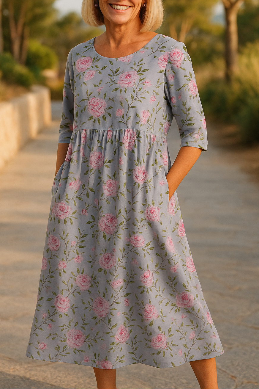 Everyday women's midi dress, 3/4 sleeve, relaxed fit. Elegant and comfortable for versatile styling.