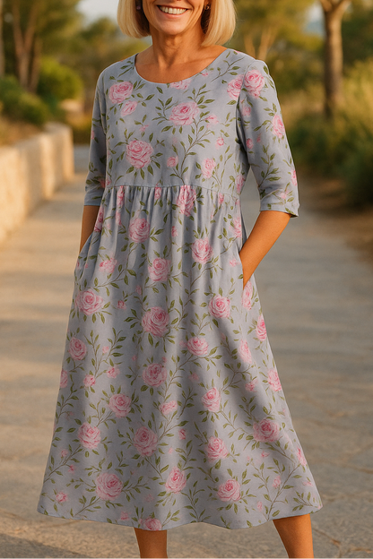 Everyday women's midi dress, 3/4 sleeve, relaxed fit. Elegant and comfortable for versatile styling.