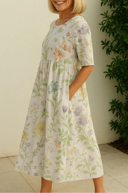 Versatile women's 3/4 sleeve midi dress, relaxed and comfortable, suitable for casual to elegant outfits.