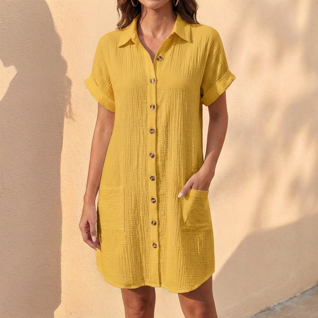 Chic women's relaxed fit midi shirt dress, button-front, cuffed sleeves. Perfect summer or everyday casual dress.