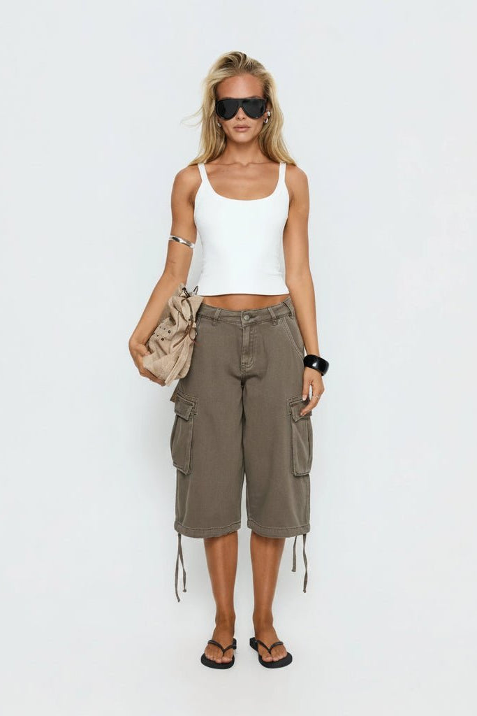 Women's relaxed fit mocha cargo capris, perfect for comfortable everyday wear & summer style.