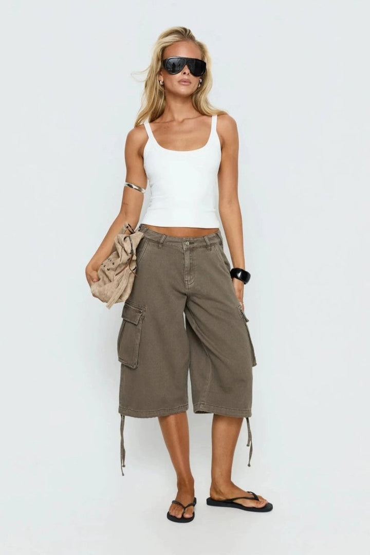 Mocha women's cargo capris featuring practical pockets and a comfortable relaxed fit, great for casual wear.