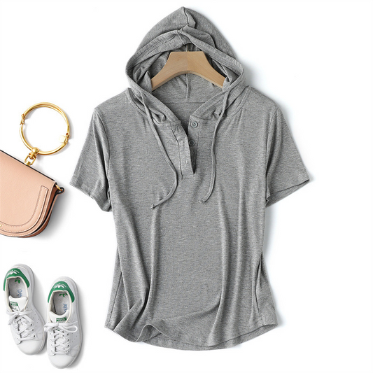 Women's relaxed fit rib-knit hoodie shirt, perfect for casual comfort and everyday wear.