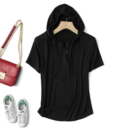 Long sleeve women's rib-knit hoodie with drawstring for relaxed, comfortable casual style.