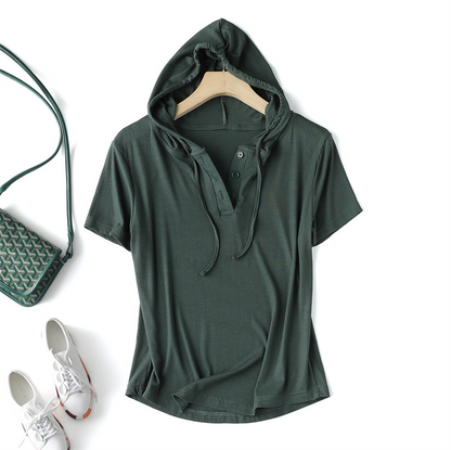Ultra-comfortable women's relaxed fit rib-knit hoodie shirt. Perfect casual pullover top.