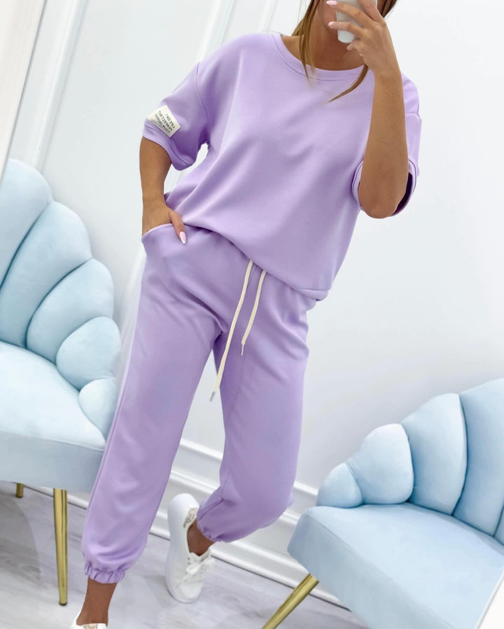 Stylish women's short sleeve matching lounge set, designed for summer fashion and everyday comfort.