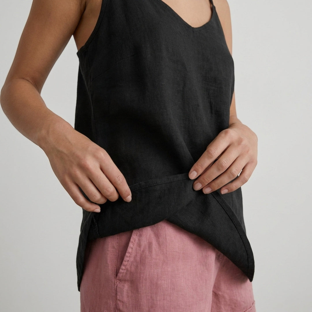 Soft women's tank top with spaghetti straps, relaxed fit, everyday comfort.