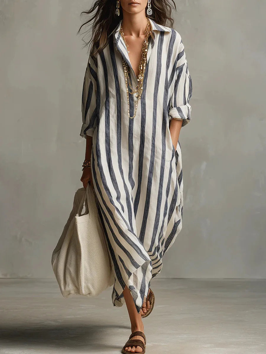 Women's relaxed fit striped maxi shirt dress with V-neck collar. Perfect casual summer or travel dress.