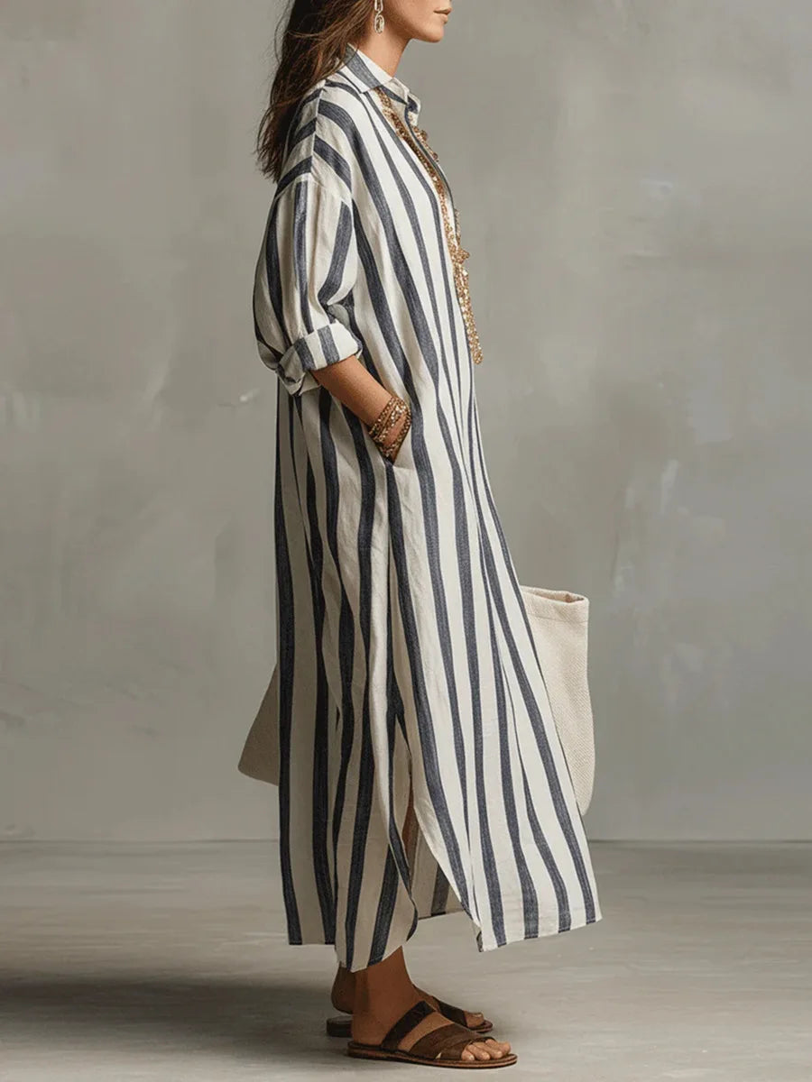 Effortless women's striped maxi shirt dress. Relaxed V-neck design, ideal for everyday casual summer wear.