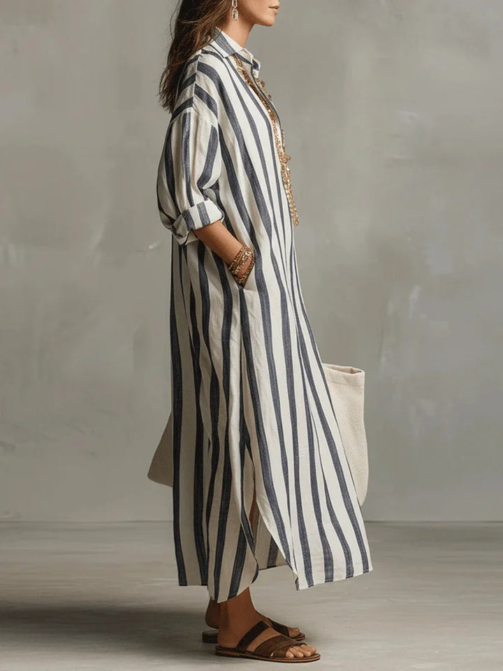 Effortless women's striped maxi shirt dress. Relaxed V-neck design, ideal for everyday casual summer wear.