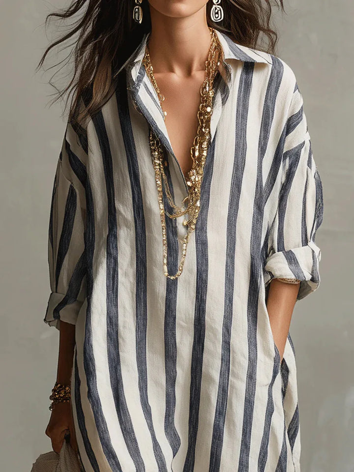 Long women's V-neck striped shirt dress. Relaxed fit maxi style, a comfortable casual summer or travel dress.