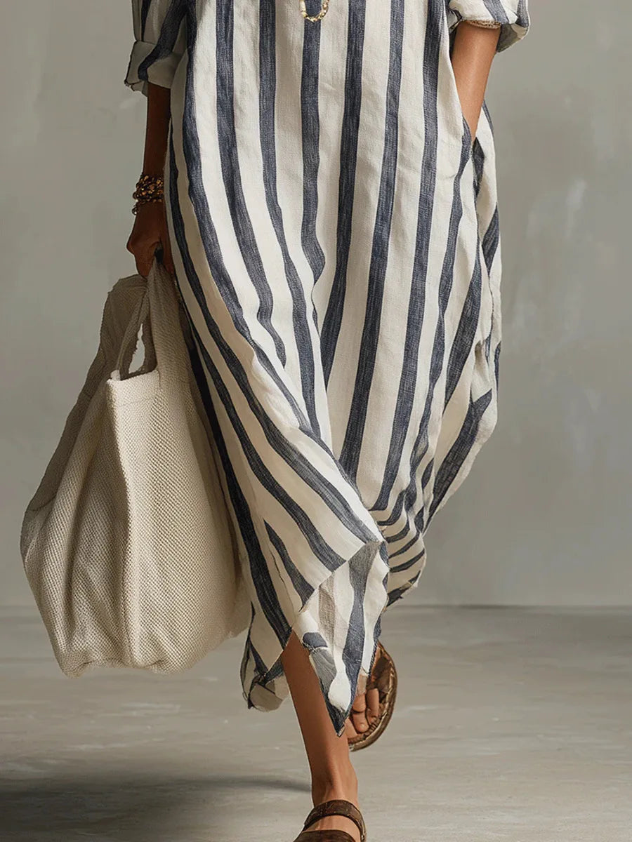Casual women's striped maxi shirt dress. Relaxed V-neck design, perfect for summer, travel, or everyday wear.