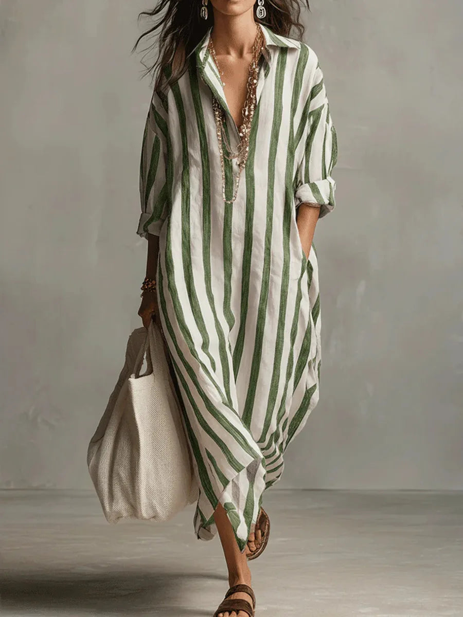 Comfortable women's relaxed striped maxi dress. V-neck long shirt dress style for effortless everyday fashion.